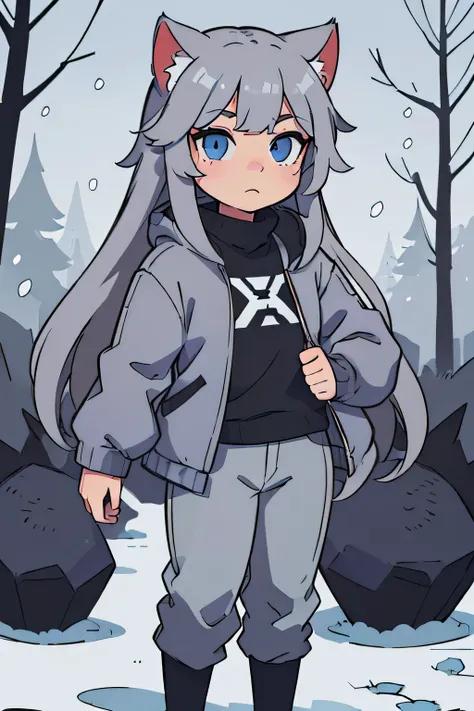 (anthro, fluffy fur), anthro female cat, long hair, cat tail, solo, furry, furry female, (kid, gray fur, blue eyes, gray hair:1.2), (trousers, sweater, jacket, black clothes), snow, (detailed background, park, winter)