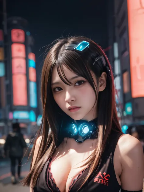 bokeh, masterpiece, analog photo, RAW, beautiful high school girl, Light brown long hair, Light brown beautiful eyes, Blushed face, (Japanese idol:1.5), Medium breast, (cyberpunk:1.5), uniform, Looking at the viewer, cowboy shot, LED lighting cybercity, 