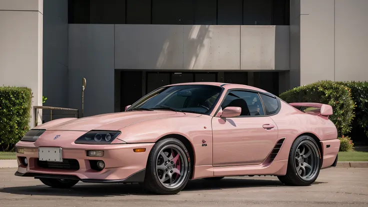 Imagen de un Toyota Supra Mark IV 1995, presentado en un color rosa deslumbrante. The vehicle&#39;s iconic, streamlined design is enhanced with this vibrant and distinctive hue..

el cuerpo, ahora en rosa, accentuates the smooth, well-defined lines of the ...