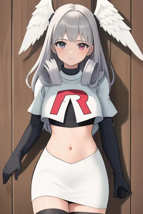 masterpiece, best quality, highly detailed, 1girl, solo,  meliaxc3 head wings, team rocket,team rocket uniform,white skirt,red letter R,crop top,black thigh-highs,black elbow gloves