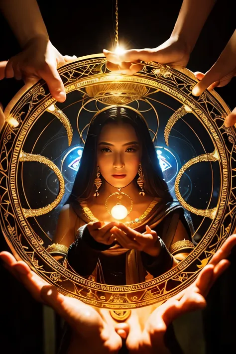 A mysterious, goddess-like female fortune teller ,Wearing multiple layers of circlets and necklaces、Holding his hand over a large crystal ball,A room that feels like another dimension where light and shadow intertwine,lots of fortune telling tools、Magic ci...