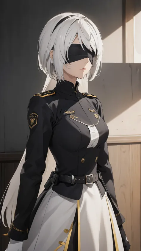 (extremely detailed CG unity 8k wallpaper), (masterpiece), (best quality), (ultra-detailed), (best illustration), (best shadow), (absurdres), 2b, 1girl, long hair, normal size , white hair, blindfold solo, Intimidating women, admiral uniform, night, hero p...