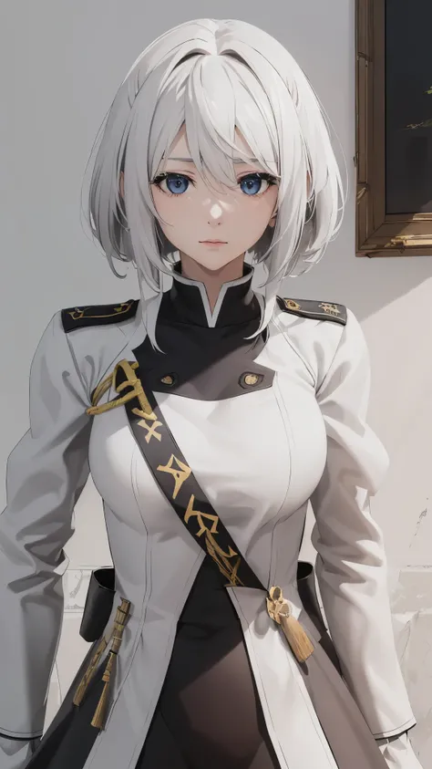 (extremely detailed CG unity 8k wallpaper), (masterpiece), (best quality), (ultra-detailed), (best illustration), (best shadow), (absurdres), 2b, 1girl, long hair, normal size , white hair, Intimidating women, admiral uniform, night, hero pose, white cloth...