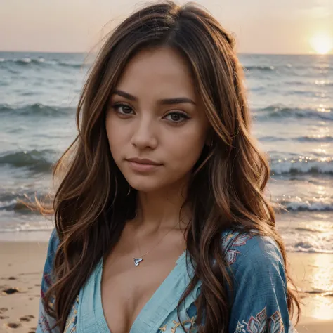 um close up de uma mulher com cabelos longos enrrolado, no estilo boho chic, in beach looking in the sunset, portrait of Vanessa Morgan, Vanessa Morgan, linda mulher, Retrato de Sophie Mudd, inspirado em Christen Dalsgaard, retrato de alta qualidade, linda...