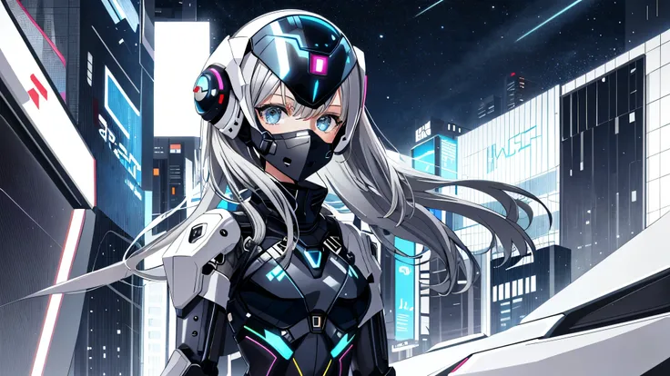 portrait, 1 robotic girl, beautiful face, belt, bodysuit, covered mouth, covered navel, futuristic helmet, detached sleeves, grey eyes, hip vent, open jacket, cute, look at viewer, night city, neon, rainy,