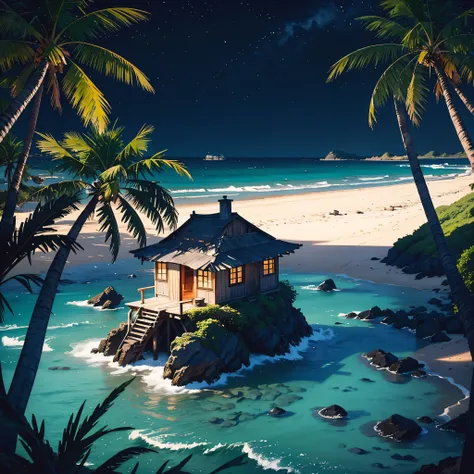  beautiful landscape, masterpiece, lonely old small fisherman shack in a beach, isolated desert island with palm trees at night, dark sky