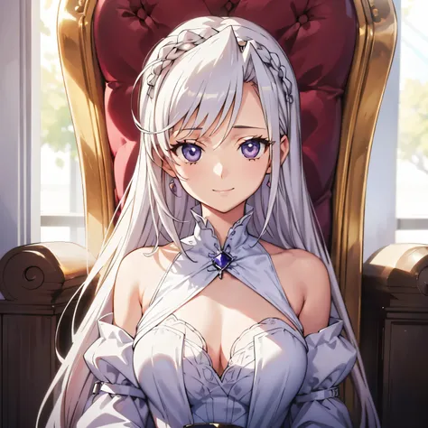 Adult woman, Slim,  White hair,forelock,Purple eyes, small breasts, in a white royal dress, location of the throne room, standing, Looking straight ahead, small smile, portrait, Close-up,right angle