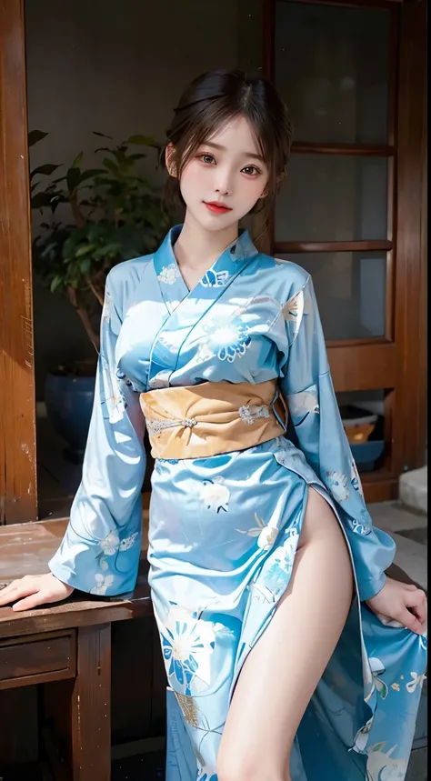 Within a tranquil ambiance, a woman emanates grace in the timeless allure of a modest blue kimono. The serene blue fabric, adorned with subtle patterns, gracefully envelops her figure, ensuring no exposure. The obi delicately cinches her waist, adding a re...