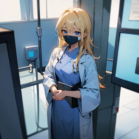 1female , White Doctors Robe , Blue Scrubs , Blue Mask , Blonde Hair , Blue Eyes , Standing in hospital , Doctor 