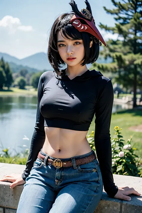 1girl, ((black long sleeved hoodie with gold trim, long dark blue jeans, iron belt, heels), (midriff, navel), looking at viewer, smile, garden, lake, standing, (kujou sara:1.3), mask on head, blue hair, short hair, yellow eyes, (cinematic lighting, best qu...