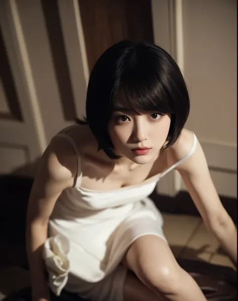 (Best quality, 8k, 32k, Masterpiece, UHD:1.2) "Generate a captivating artwork featuring a young Japanese girl model with short, sleek black hair styled in a chic bob haircut. Envision her bathed in dramatic cinematic lighting, creating an atmosphere of all...