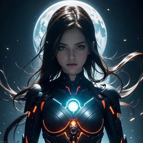 Explore as profundezas do cosmos com um retrato do meio de uma bela mulher, as a superhero with biomechanical characteristics. The eerie and frightening atmosphere is enhanced by the use of bright colors and light particles, emitindo um brilho bioluminesce...