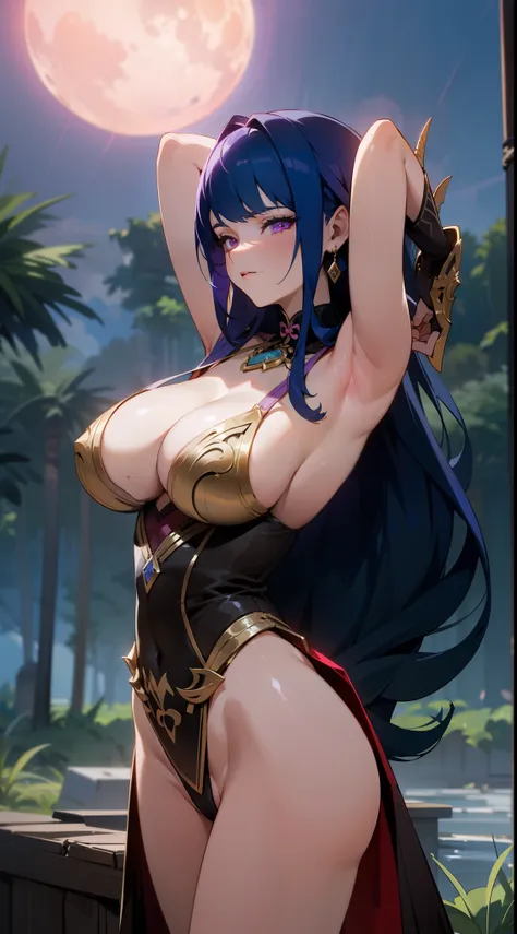 (ultra realistic photo, 8k uhd, full of details in clothes and face, masterpiece, girl goddess of beauty). Shogun Raider from Genshin Impact is a sexy woman with long, flowing purple hair, who wears a highly detailed sexy lingerie, she wears a jewel on the...