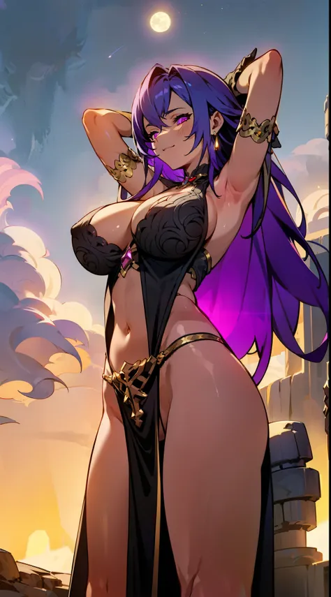 (ultra realistic photo, 8k uhd, full of details in clothes and face, masterpiece, girl goddess of beauty). Shogun Raider from Genshin Impact is a sexy woman with long, flowing purple hair, who wears a highly detailed sexy lingerie, she wears a jewel on the...