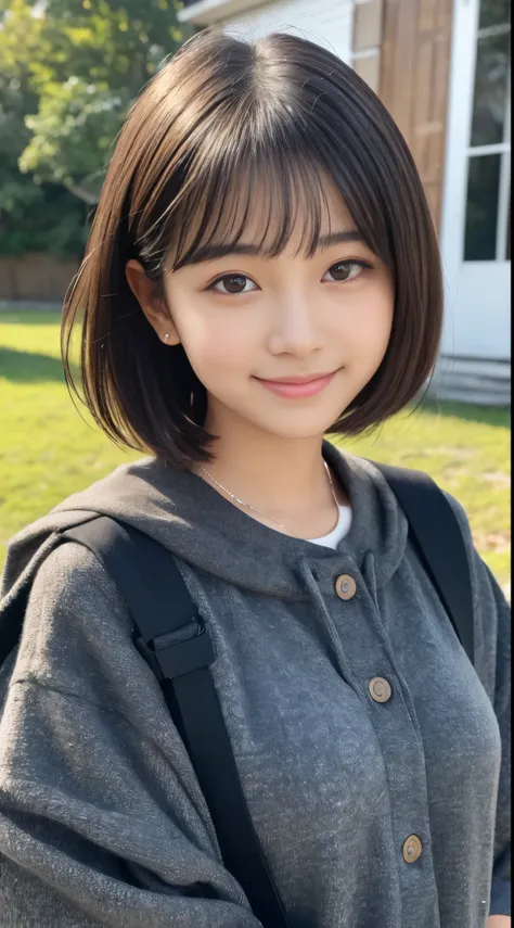 Best-quality, Masterpiece, Ultra-High-Resolution, (Photorealistic:1.4), Raw-Photo, 1girl, the most famous Japanese idol, 15-years-old, extremely cute face, extremely beautiful big-black-solid-circle-eyes, extremely beautiful black-short-cut-haired, extreme...