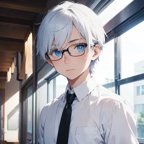 17 year old man with blue eyes, white hair, wearing a white shirt with a black tie and wearing glasses wearing a white suit has a sweet face like a  