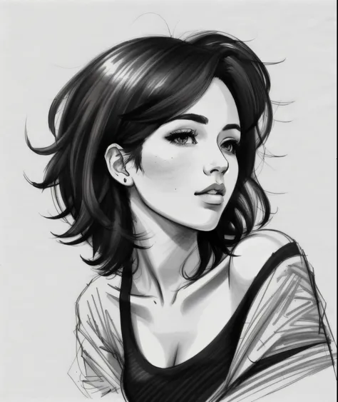 prompt: grayscale, monochrome, a sexy and beautiful woman in casual clothes, sketch artstyle, ((solo)), cut and straight black h...