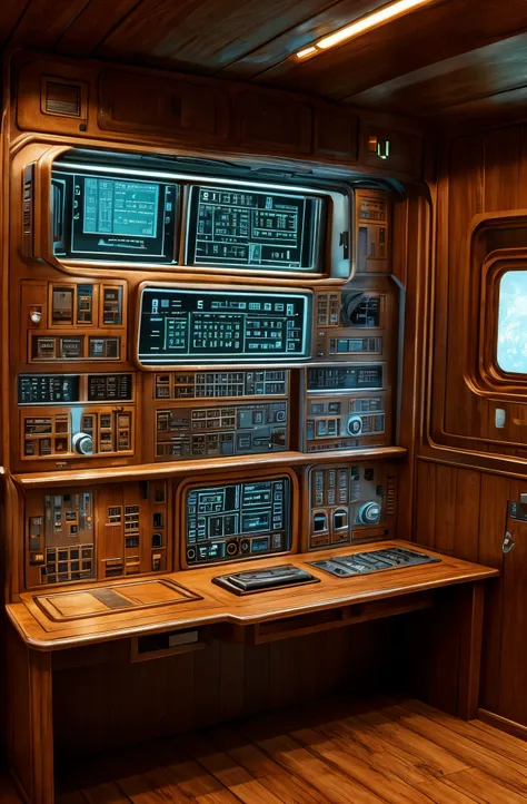 a dirty old electronic control panel for a starship.