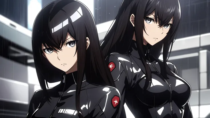 portrait, 1 girl, makise_kurisu, black latex suit ,side sitting, beautiful face, belt, futuristic helmet, detached sleeves, black hair, black eyes, hip vent, open jacket, cute, look at viewer, rainy, stomach tatoo, Science Fiction