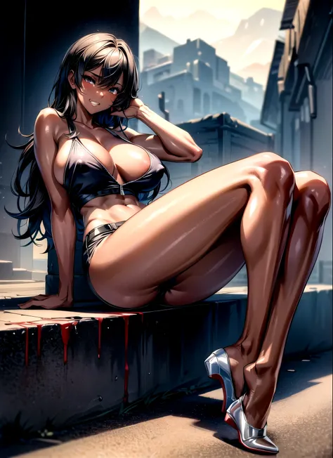 (masterpiece), best quality, expressive eyes, perfect face, Scenery dark club, , unzipped shorts, high heels, ripped Tank top, no bra, dark skin, open wounds, blood on body, evil grin, tanned, shemale, view from behind hard nipples, legs up 