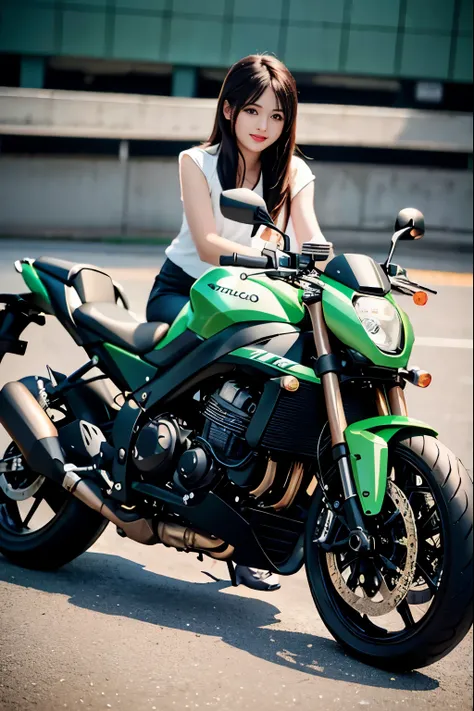 arafed woman in green shirt sitting on a blackkawasaki motorcycle, super mini skirt、white panties、person riding a bike, motorcycle, realistic artstyle, ultra detail. digital painting, sitting on cyberpunk motorbike, digital illustration style, realistic!!!...