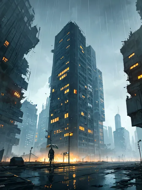 old abandoned mega city. mystery, technoir. Post apocalyptic environment. ruined tall buildings. Brutalism architecture. rain, fog, night. wet road. Post soviet architecture.
