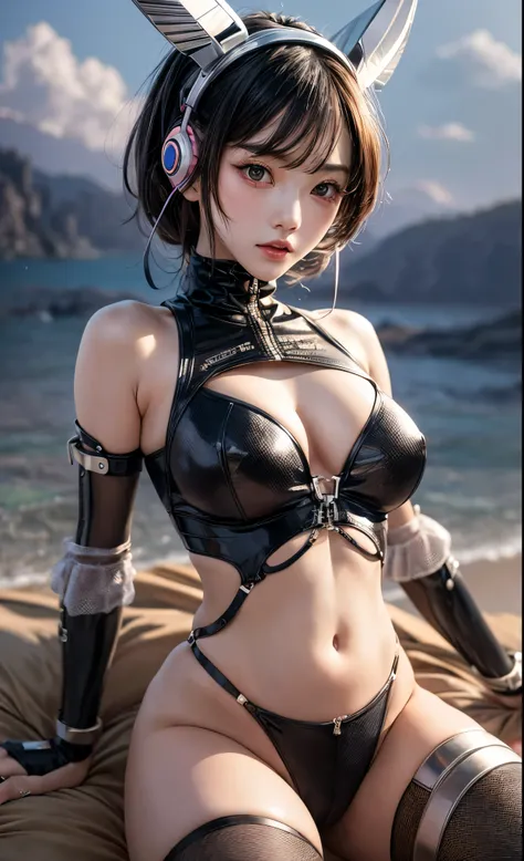 delicate face, 28 year old JPOP idol {cyborg} girl, (carbon fiber cyborg body), carbon fiber body, {{angled bob}}, (big breasts:1.15), (mechanical joint), bangs, attractive curves, Central of the bone disc, seaside, standing posture, beach, glowing skin, (...