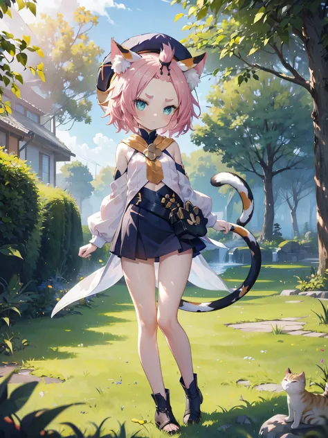 , , flat chest, bottomless, short, hat, young, chibi, thin legs, cat ears, detached sleeves, outside, tail, bright sunlight, goo...