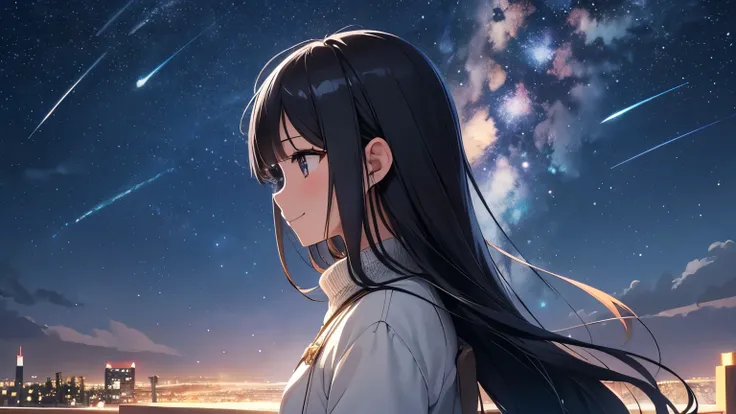 starry skyを見上げる女の子、winter、shooting star、Beautiful Stars、dim sky、starry sky、girl looking at the stars、Angle from diagonally behind、firmament、black hair、profile、smile、city in the dark、Xin Haicheng style painting