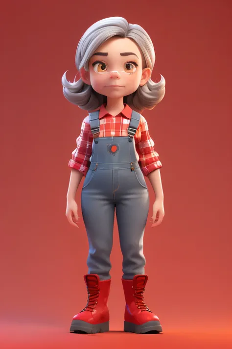 3dcharacter,(1woman, oval  wrinkled face, old  male:1.2),   __eyecolor__ eyes, dark grey__hair-female__, , shaven, (full body:1.2),plaid shirt and flowers dress, overalls, red work boots, simple background, masterpiece,best quality,(light Red gradient back...