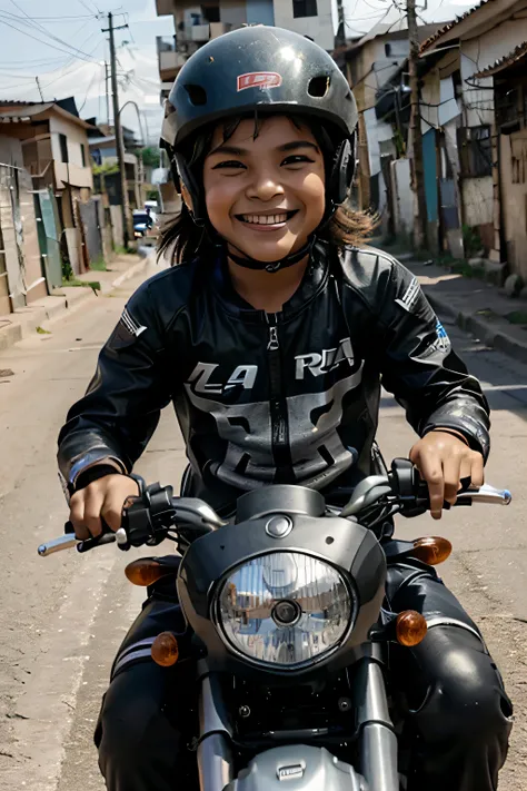 A 10 year old  on a motorcycle without a helmet, na favela Brazil dando grau empinando , funny face, feliz sorriso, anyone beyond the sky, Epic realism