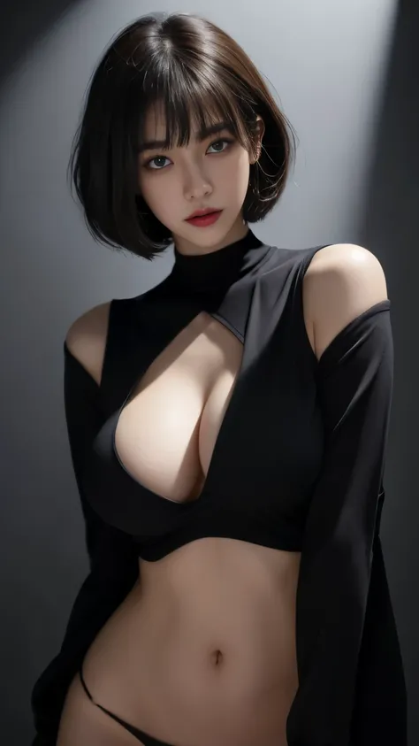 Best Quality, Masterpiece, Perfect Body Beauty, cinematic lighting,   black shirt, Highly detailed face and skin texture, Detailed eyes, whitening skin, perfect face, ((huge breast)), looking at viewer, ((Dark background)), open mouse, straight Bangs, cowb...