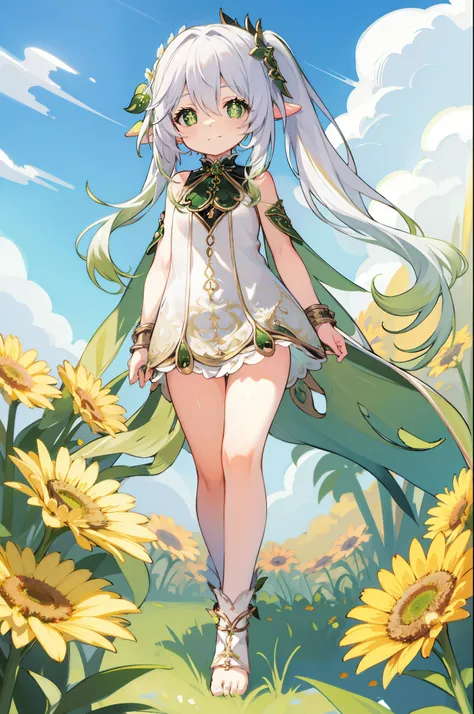 1  solo, nahida_genshin, cross-shaped pupils, naked, small smile, nude, white hair, green hair ornament, green cape, flower meadow, flowers, walking on the flower field