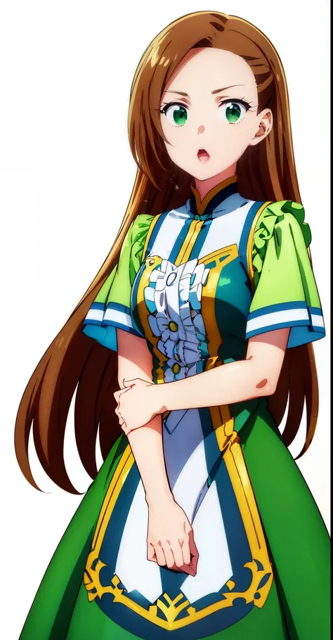 (((highest quality))), ((super detailed)),katalina、 ((illustrinion)), ((messy hair)), ((frills)), (1 girl),(一人in),brown hair,cowboy_shot，crossed_arm，looking for_in_viewer，Open_mouth，simple_background，Are standing，rining:Safety，agriculture_clothing，green_Cl...