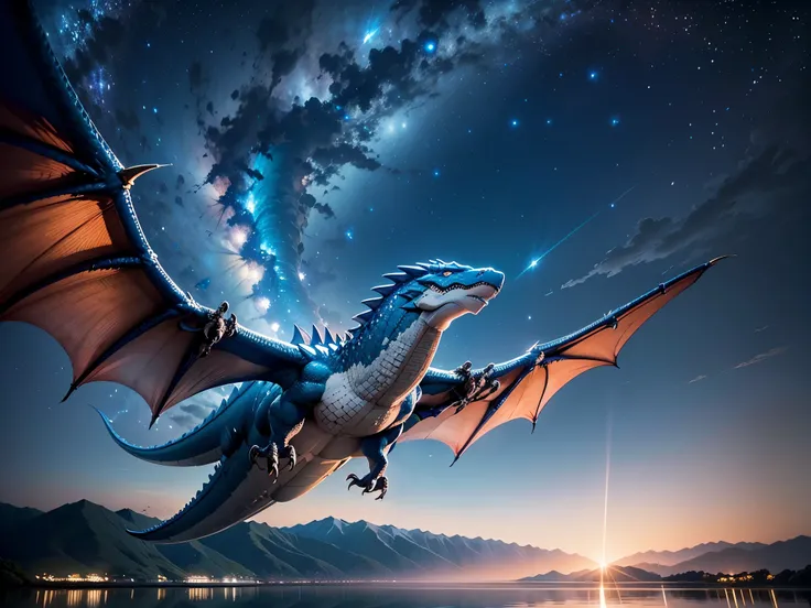 A wyvern the size of a passenger plane flies over Lake Suwa late at night.、The wyvern emits a blue-white light.、beautiful starry sky、Beautiful stars reflecting on the water surface、