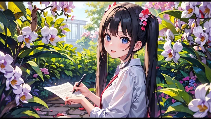 light blue long hair、Beautiful girl with twin tails、lots of orchids、Writing a white letter in the orchid garden、many orchid flowers、Cute squirrel in front of a beautiful girl(Some photos)、adorable smile、hyper hd，master piece，high details，high quality，best ...