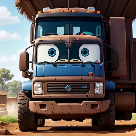 Create a cartoon semi truck character that is playing mud and is dirty 