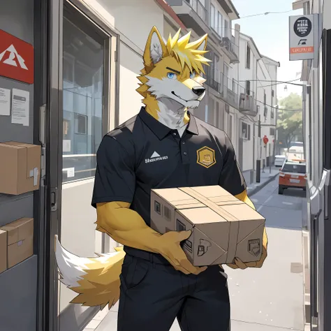 single, wolf head, wolf tail, strong, sexy yellow ears, yellow hair, hair on arm, hair on legs, Yellow fur all over,blue eyes,Full-body black trousers, casual shirts,face recognition,looking at viewer,Delivery man,parcel