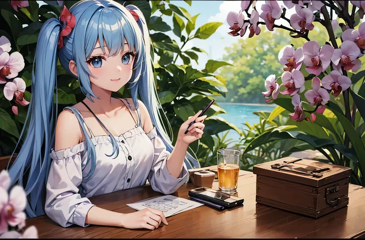 light blue long hair、Beautiful girl with twin tails、lots of orchids、Holding a pencil and writing a letter in the orchid garden、many orchid flowers、Cute squirrel(Some photos)、adorable smile、hyper hd，master piece，high details，high quality，best quality，High r...