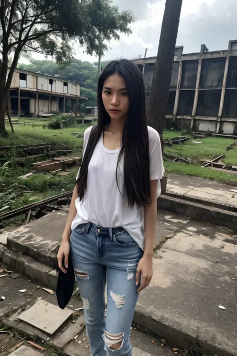 Thai Woman, look at viewer, long hair, shirt, jeans, cloud, day, sky,outdoors, post-apocalypse, ruins, scenery, tree, water, she’s is without clothes and show a pussy