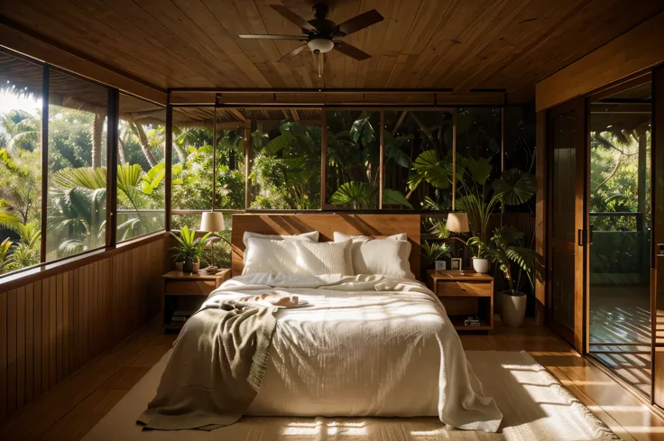 Ultra-realistic image of a bedroom in a house inspired by architect Márcio Kogan, com paisagismo tropical, single-story layout, materiais naturais, tecidos de cama em linho cru, Arquitetura brasileira, com vista para um jardim tropical, contemporary floati...