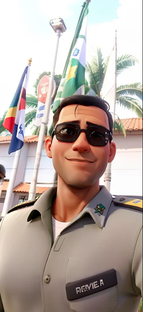 A Minas Gerais Military Police man taking a selfie wearing sunglasses. Ao fundo bandeiras de minas gerais, do Brasil. 