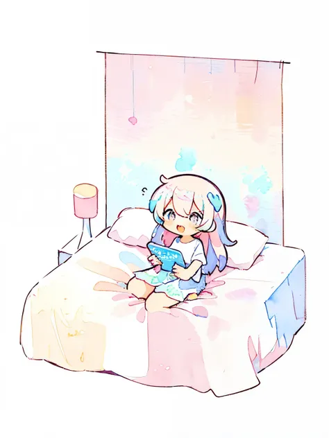 ,whole body,1 girl, (pastel colour:1.5),(cute illustration:1.5),(watercolor:1.2),white background,on the bed,Inside the girls room,have smart-phone,Excited look