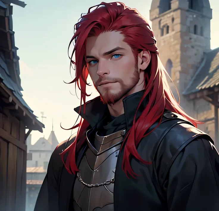 (realistic:1.37,best quality,4k,8k,highres,masterpiece:1.2),ultra-detailed, masculine, a young man with pale skin, red hair and blue eyes, dressed in a medieval vampire outfit with straight hair. The man has a beard on his face.