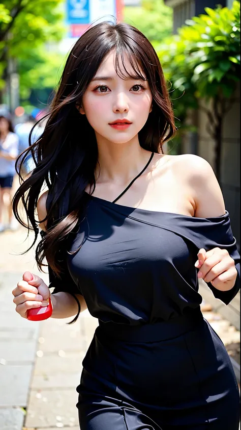 Her dark hair, Gorgeous, wavy, Gracefully running down the shoulder、Flows gently around the face, Framing with pomp.