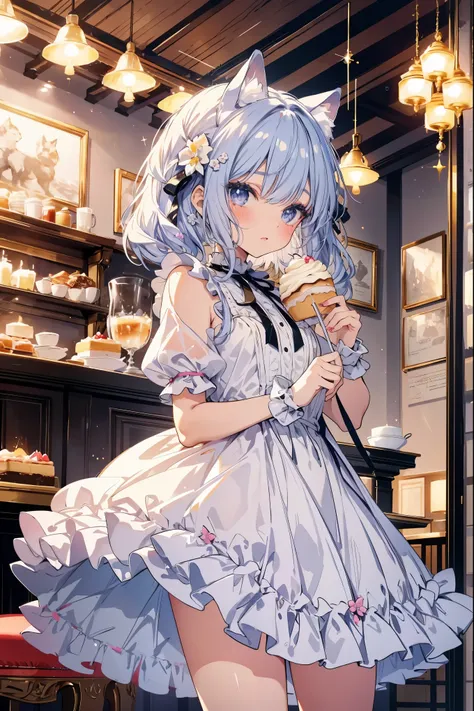 highest quality, masterpiece, long eyelashes, sparkling輝く目, dresses with ruffles and ribbons, eat cake in a café, sparkling, cat...