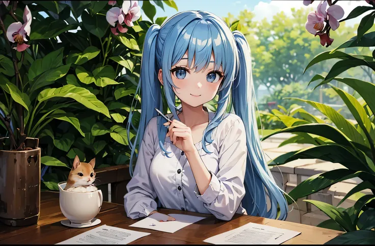 light blue long hair、Beautiful girl with twin tails、lots of orchids、Holding a pencil and writing a letter in the orchid garden、many orchid flowers、Cute squirrel(Some photos)、adorable smile、hyper hd，master piece，high details，high quality，best quality，High r...