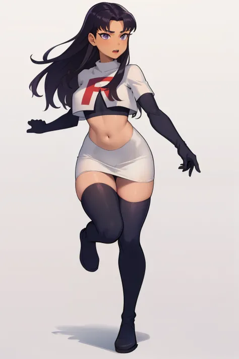 (masterpiece, best quality:1.2), blackfire, 1girl, solo, breasts, dark skin, team rocket,team rocket uniform,white skirt,red letter R,crop top,black thigh-highs,black elbow gloves