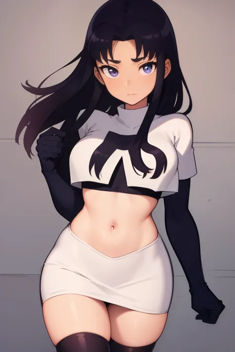 (masterpiece, best quality:1.2), blackfire, 1girl, solo, breasts, dark skin, team rocket,team rocket uniform,white skirt,red letter R,crop top,black thigh-highs,black elbow gloves