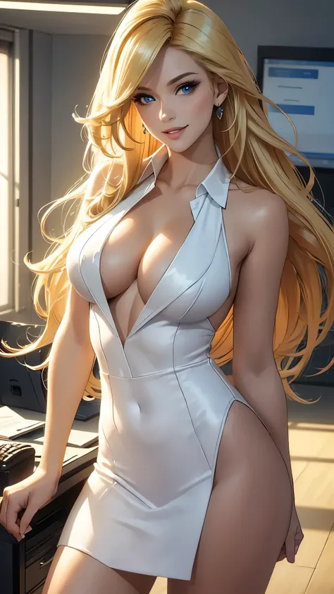 (best quality,ultra-detailed,photo-realistic:1.37),bright and vibrant colors,studio lighting,playful expression,stylish makeup,long blonde hair flowing in the wind,alluring eyes,glossy lips,sexy pose,Business suit, standing in Office, smiling in a confiden...